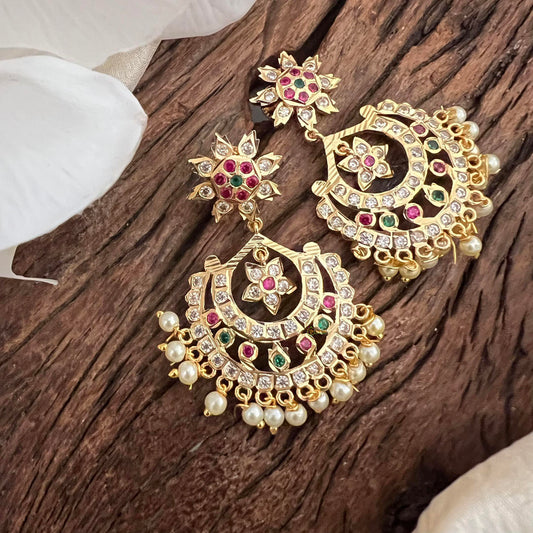 Trendy AD Stone Chandbali Earrings-Red Green-Pearl-G13674