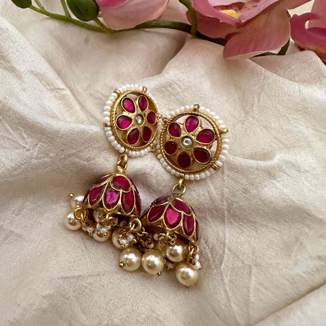 Designer Red Jadau Kundan Jhumkas-Pearl-J2146