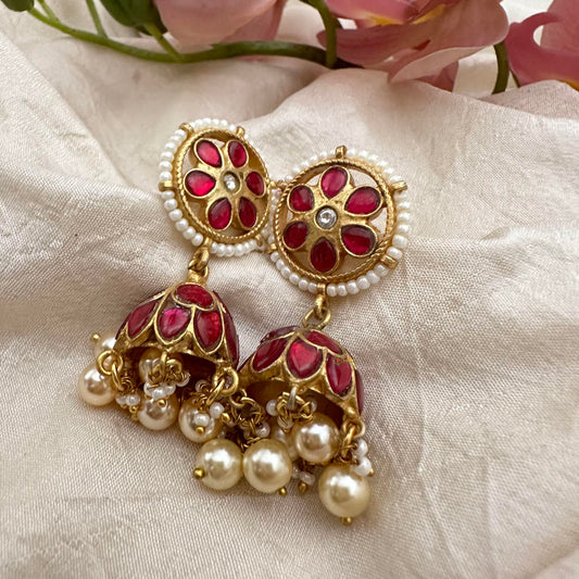 Designer Red Jadau Kundan Jhumkas-Pearl-J2146