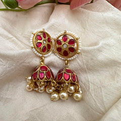 Designer Red Jadau Kundan Jhumkas-Pearl-J2146