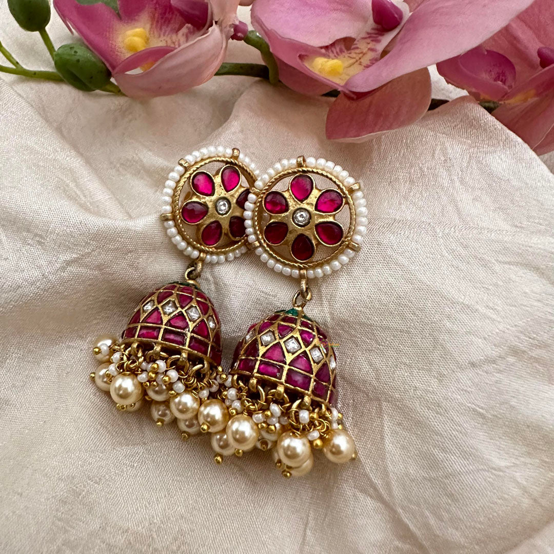 Floral Jadau Kundan Jhumkas-Golden Bead-Pearl-J2156