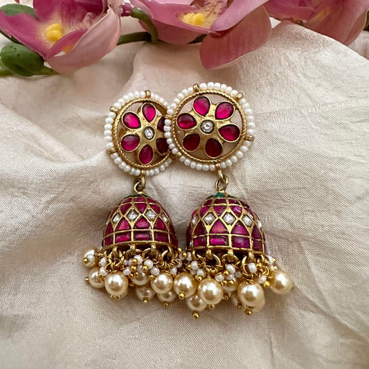 Floral Jadau Kundan Jhumkas-Golden Bead-Pearl-J2156