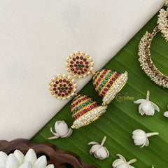 Vriksham Traditional Kemp Flowral Stayal Jhumkas-Green Red-Pearl-G18557