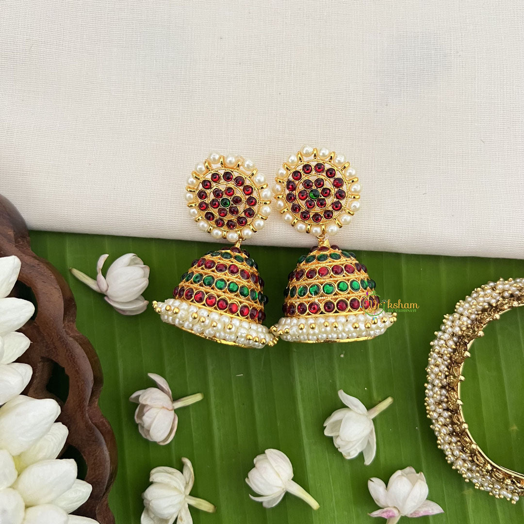 Vriksham Traditional Kemp Flowral Stayal Jhumkas-Green Red-Pearl-G18557