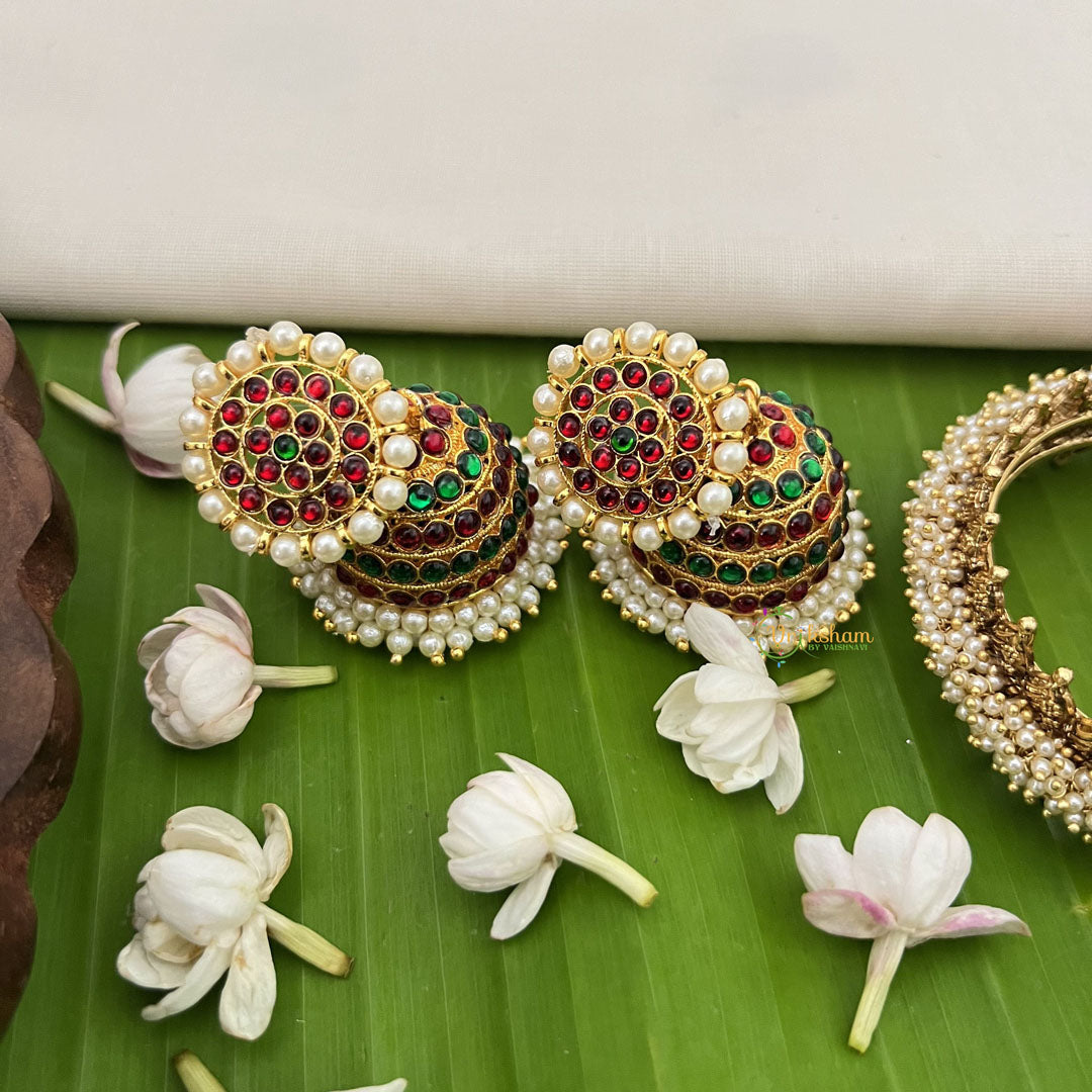 Vriksham Traditional Kemp Flowral Stayal Jhumkas-Green Red-Pearl-G18557