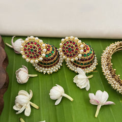 Vriksham Traditional Kemp Flowral Stayal Jhumkas-Green Red-Pearl-G18557