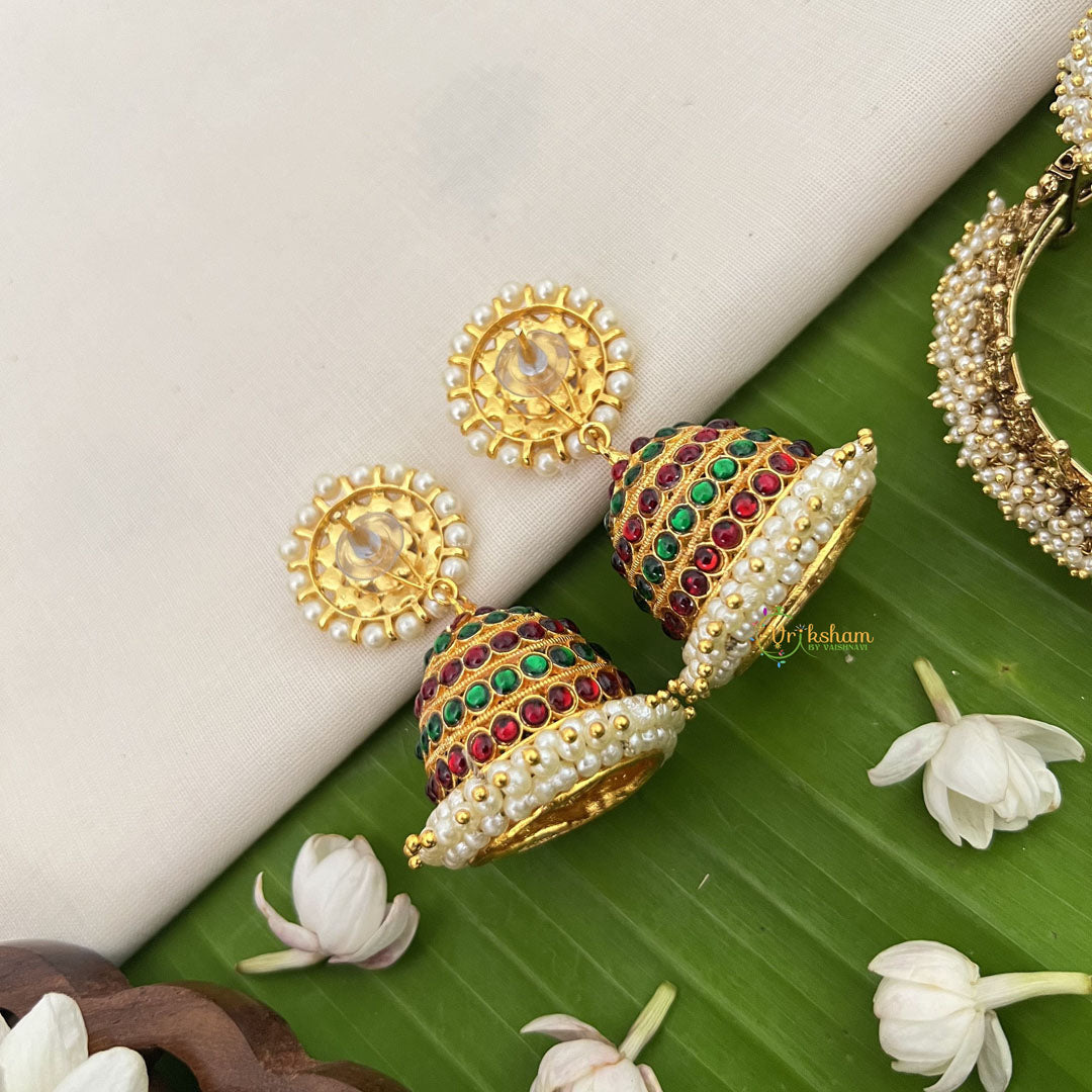 Vriksham Traditional Kemp Flowral Stayal Jhumkas-Green Red-Pearl-G18557