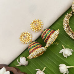 Vriksham Traditional Kemp Flowral Stayal Jhumkas-Green Red-Pearl-G18557