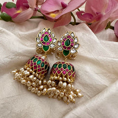 Premium Lotus Jadau Kundan Jhumkas-Rice Pearl-J2169