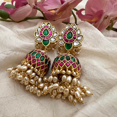 Premium Lotus Jadau Kundan Jhumkas-Rice Pearl-J2169