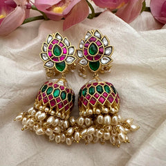 Premium Lotus Jadau Kundan Jhumkas-Rice Pearl-J2169