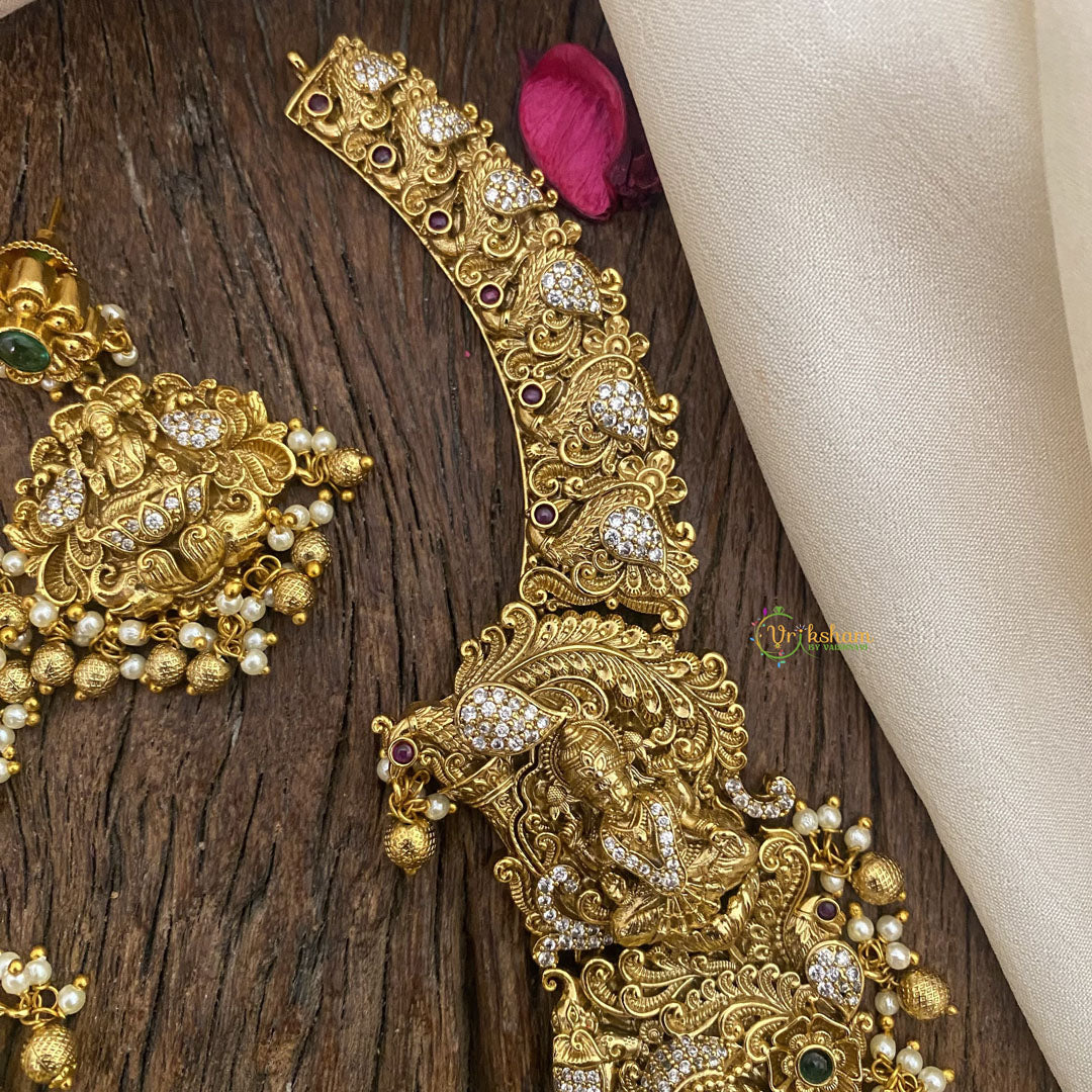 Vriksham American Diamond Lakshmi Pendant Short Neckpiece-Gold bead-G16438