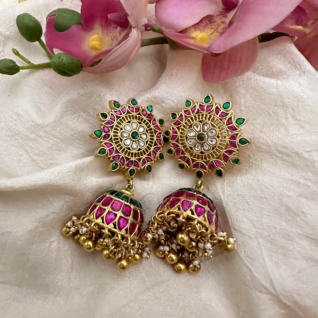 Premium Jadau Kundan Jhumkas-Golden Beads-Pearls-J2181