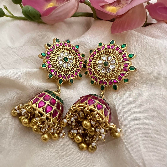 Premium Jadau Kundan Jhumkas-Golden Beads-Pearls-J2181