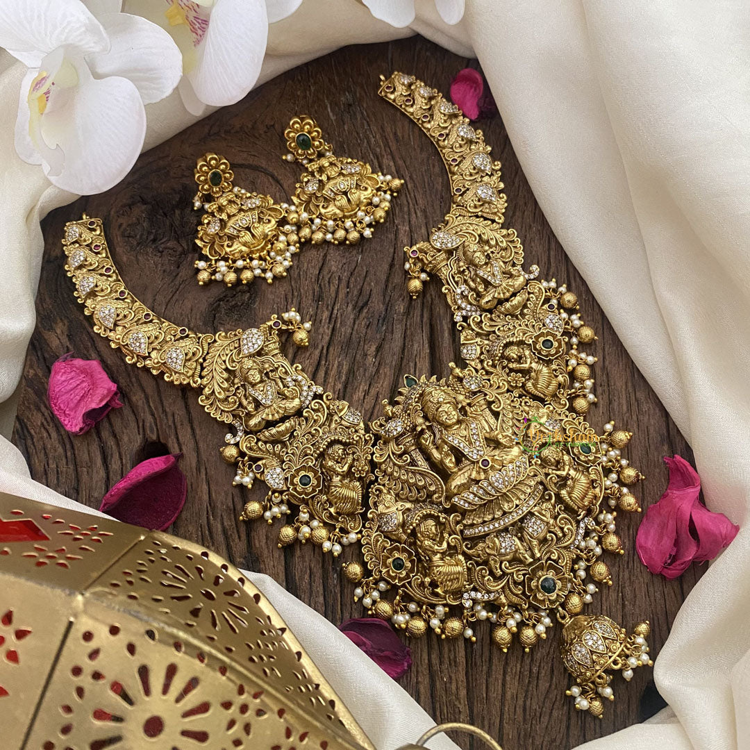 Vriksham American Diamond Lakshmi Pendant Short Neckpiece-Gold bead-G16438