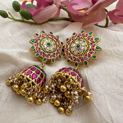 Premium Jadau Kundan Jhumkas-Golden Beads-Pearls-J2181