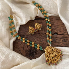 Antique Lakshmi Pendant Neckpiece -Green Bead-G12438