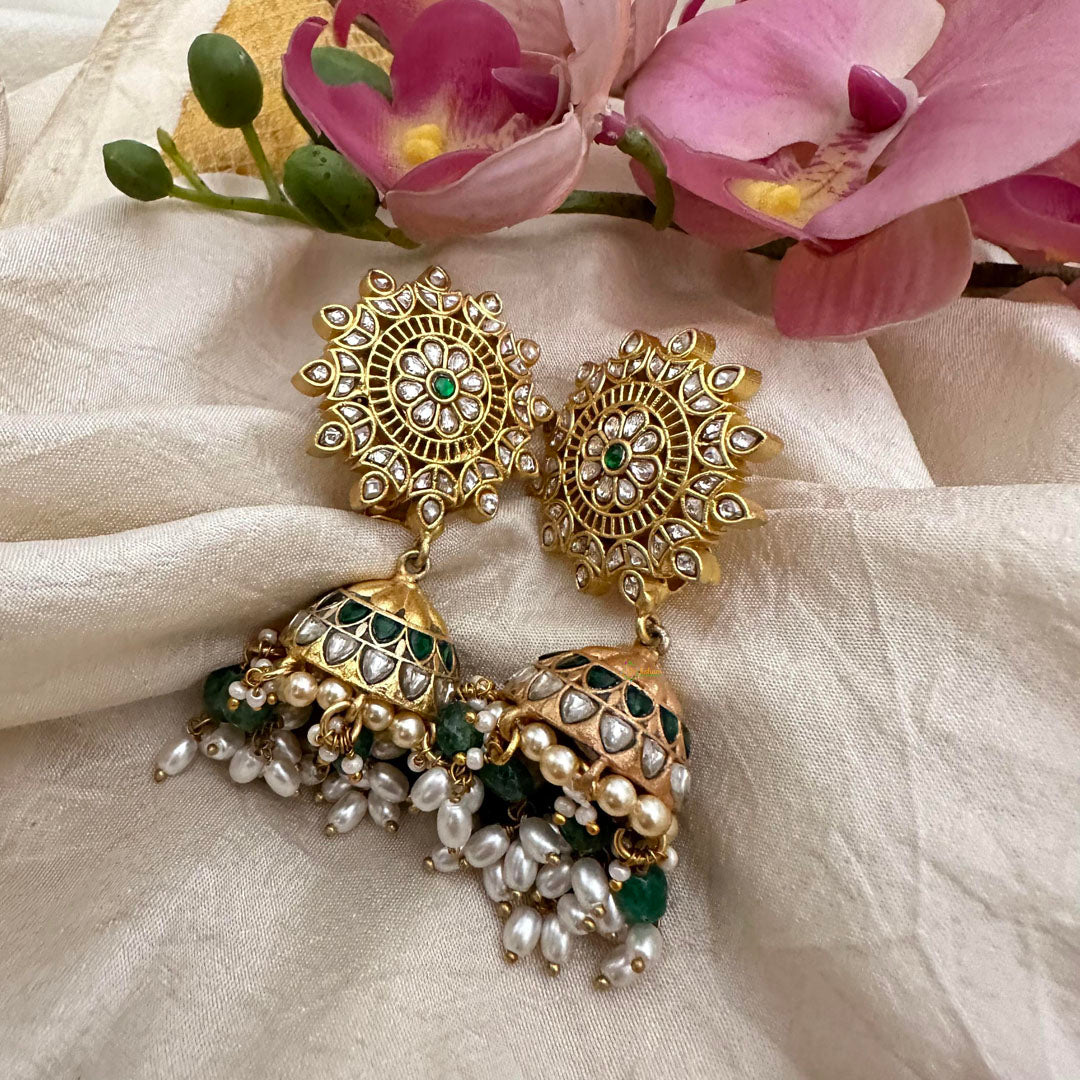 White Green Jadau Kundan Jhumkas-Green Bead-Rice Pearl-J2166