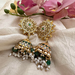 White Green Jadau Kundan Jhumkas-Green Bead-Rice Pearl-J2166