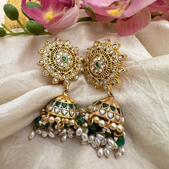 White Green Jadau Kundan Jhumkas-Green Bead-Rice Pearl-J2166