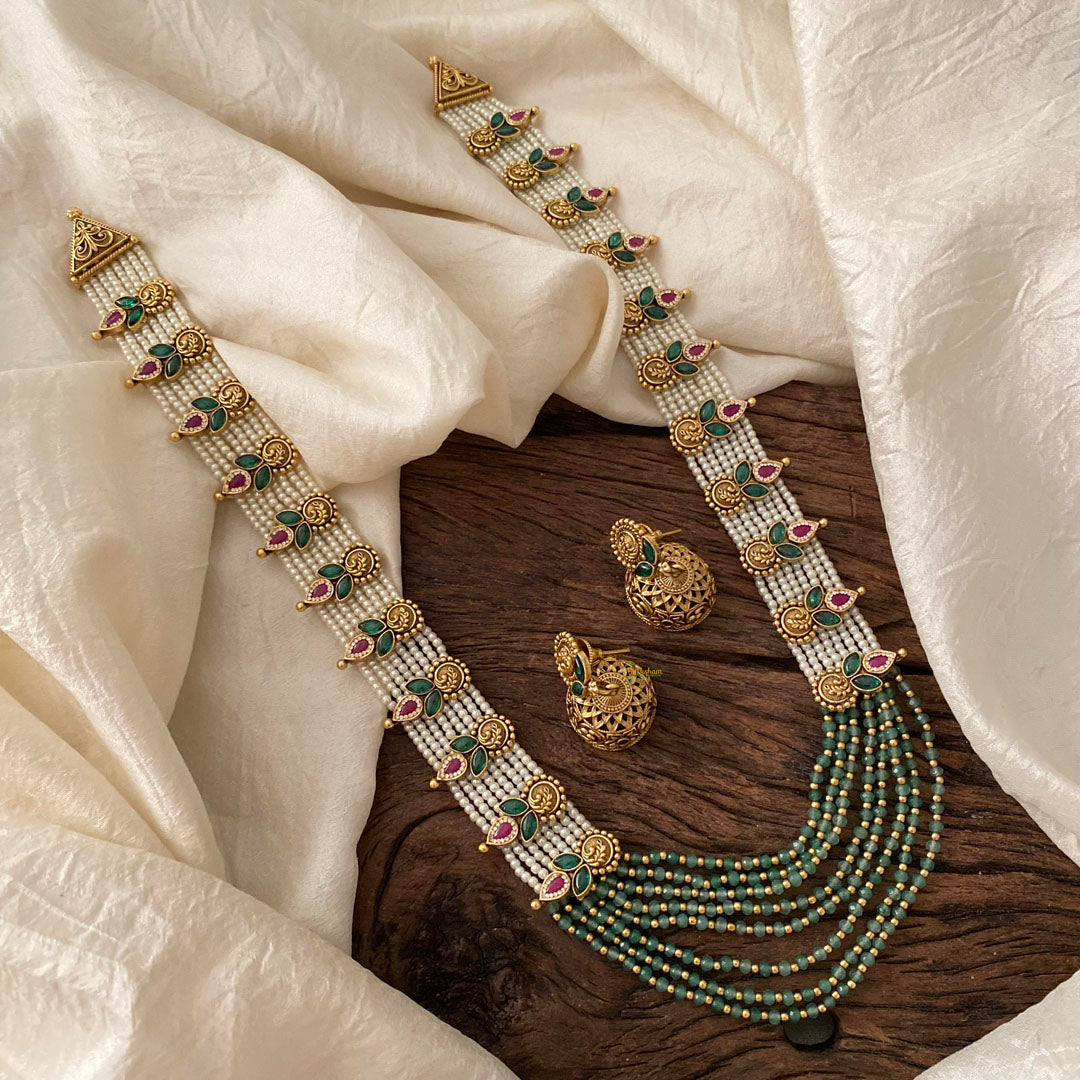 Premium Pearl Layered Rani Long Haram -Green Bead-G12475