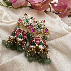 Precious Jadau Kundan Jhumkas-Aqua Green Beads-Pearls-J2220