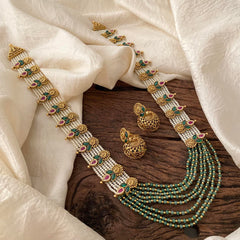 Premium Pearl Layered Rani Long Haram -Green Bead-G12475