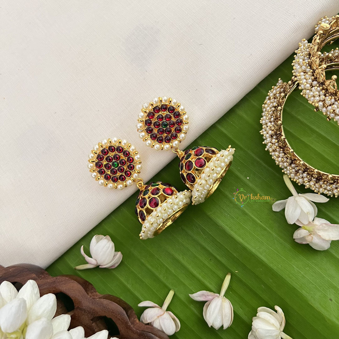 Vriksham Traditional Kemp Jhumkas-Small-Green Red-Pearl-G18565