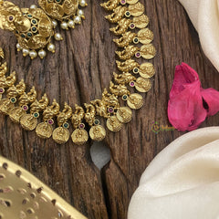 Vriksham Lakshmi Coin with Peacock Short Neckpiece-Red Green-G16449