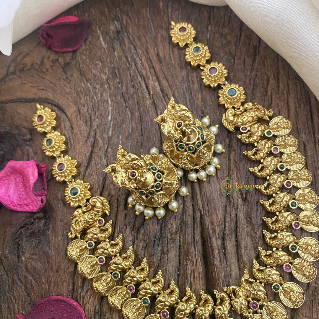 Vriksham Lakshmi Coin with Peacock Short Neckpiece-Red Green-G16449