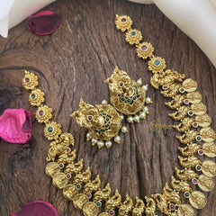 Vriksham Lakshmi Coin with Peacock Short Neckpiece-Red Green-G16449