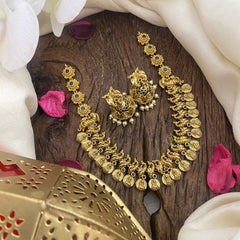 Vriksham Lakshmi Coin with Peacock Short Neckpiece-Red Green-G16449