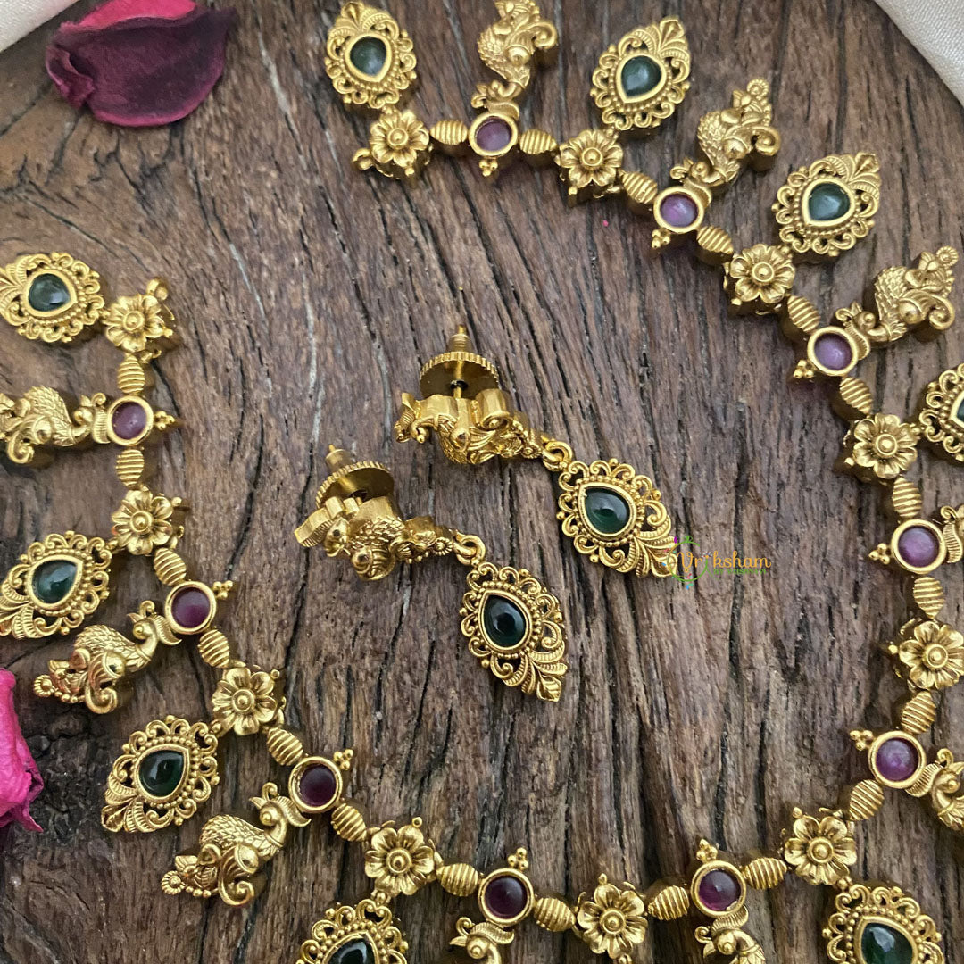 Vriksham Designer Red Green Peacock Short Neckpiece-G16448