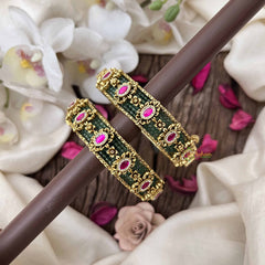 Vriksham Classic Green Meenakari With Pink Stone Accents-Screw Type Bangles-G20985