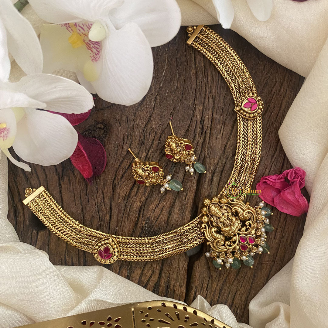 Vriksham Premium Lakshmi Addigai-Red-Green Bead-G16434