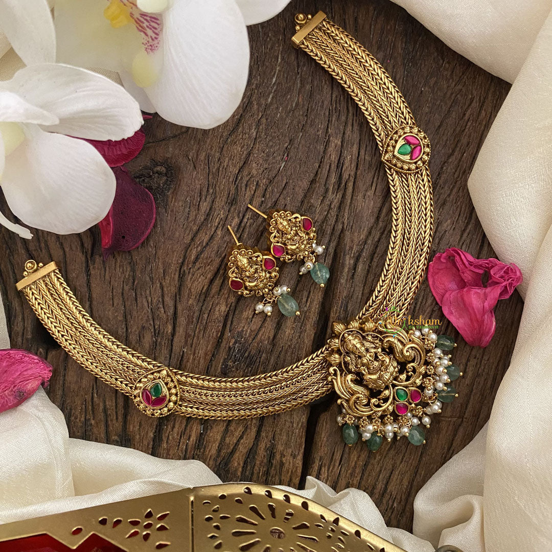 Vriksham Premium Lakshmi Addigai-Red Green-Green Bead-G16430