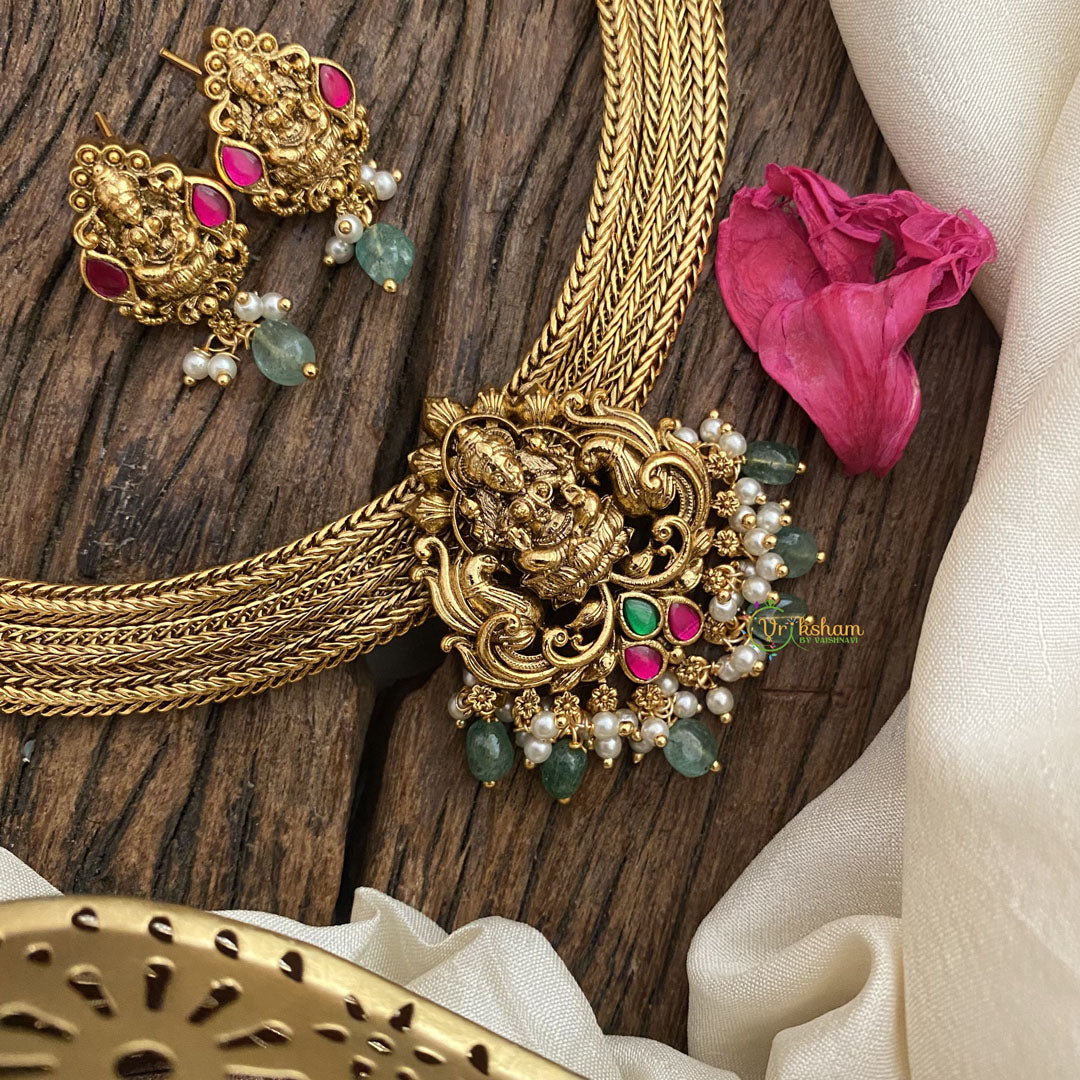 Vriksham Premium Lakshmi Addigai-Red Green-Green Bead-G16430