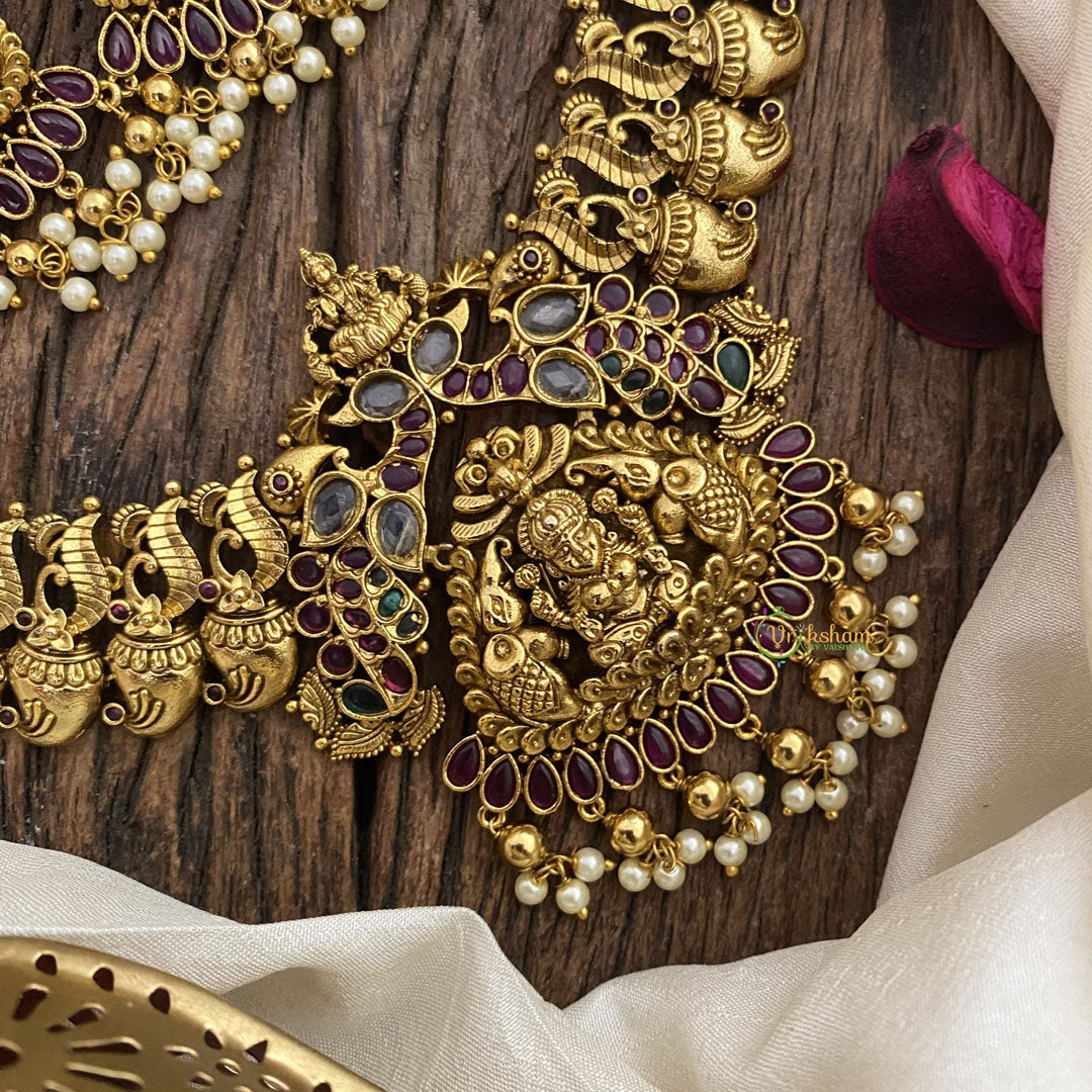 Vriksham Dual Elephant with Lakshmi Maanga Short Neckpiece-Gold White Bead-G16445