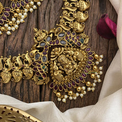 Vriksham Dual Elephant with Lakshmi Maanga Short Neckpiece-Gold White Bead-G16445