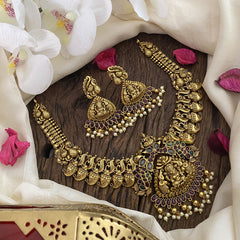 Vriksham Dual Elephant with Lakshmi Maanga Short Neckpiece-Gold White Bead-G16445