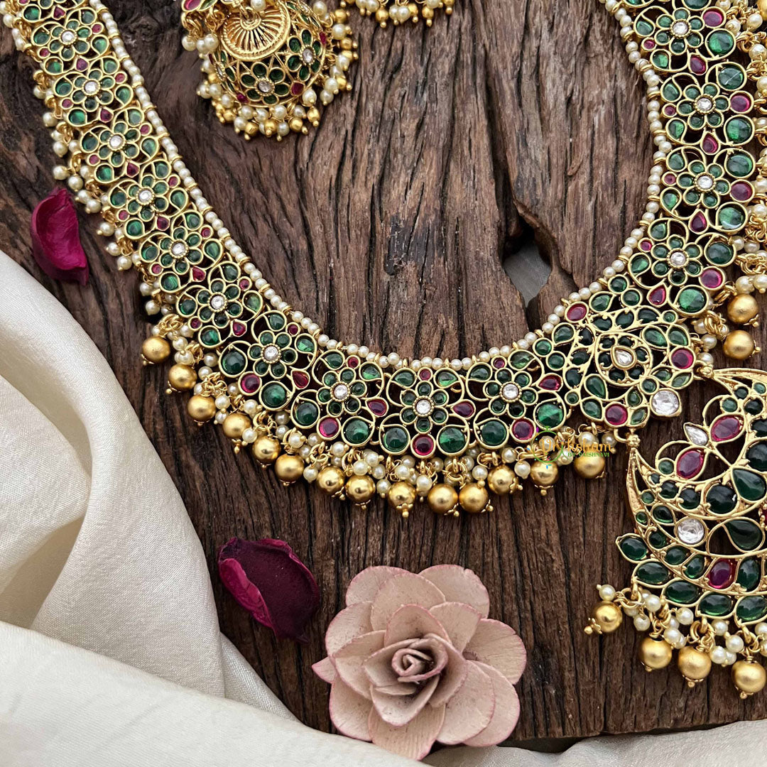 Vriksham Traditional Chandbali Pendant Floral Pealrs Coted Long Neckpiece-Green Red & White-G20287