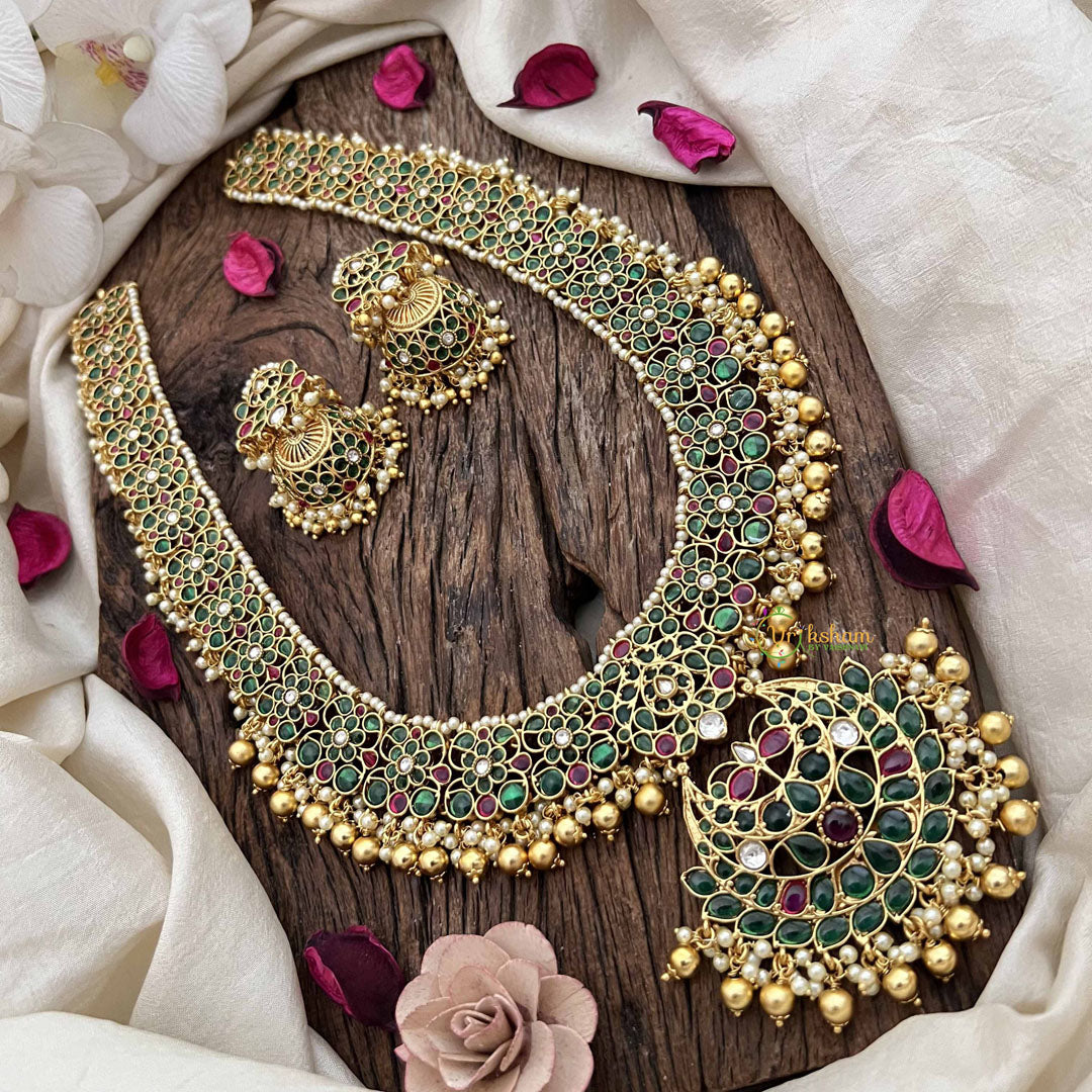 Vriksham Traditional Chandbali Pendant Floral Pealrs Coted Long Neckpiece-Green Red & White-G20287