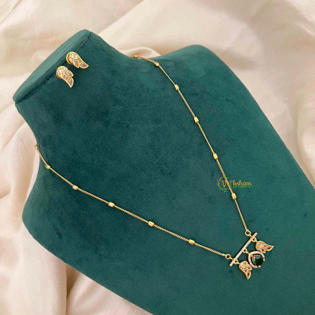 Vriksham Dainty Gold-Plated Bead Chain Ethnic Peacock With Teardrop Neckpiece-White Green-G22323