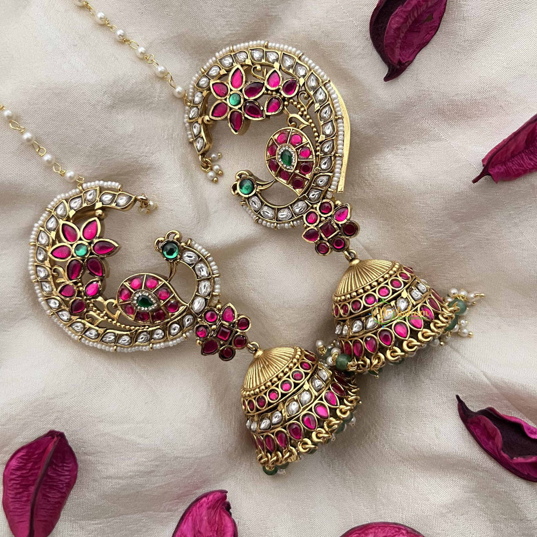 Vriksham Royal Peacock Kundan Jadau With Pearl Lined Maatil & Ear Cuff Jhumkas-Green Red-J3743