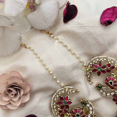 Vriksham Royal Peacock Kundan Jadau With Pearl Lined Maatil & Ear Cuff Jhumkas-Green Red-J3743