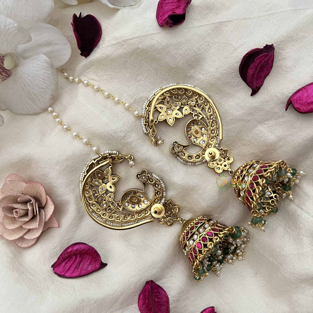 Vriksham Royal Peacock Kundan Jadau With Pearl Lined Maatil & Ear Cuff Jhumkas-Green Red-J3743