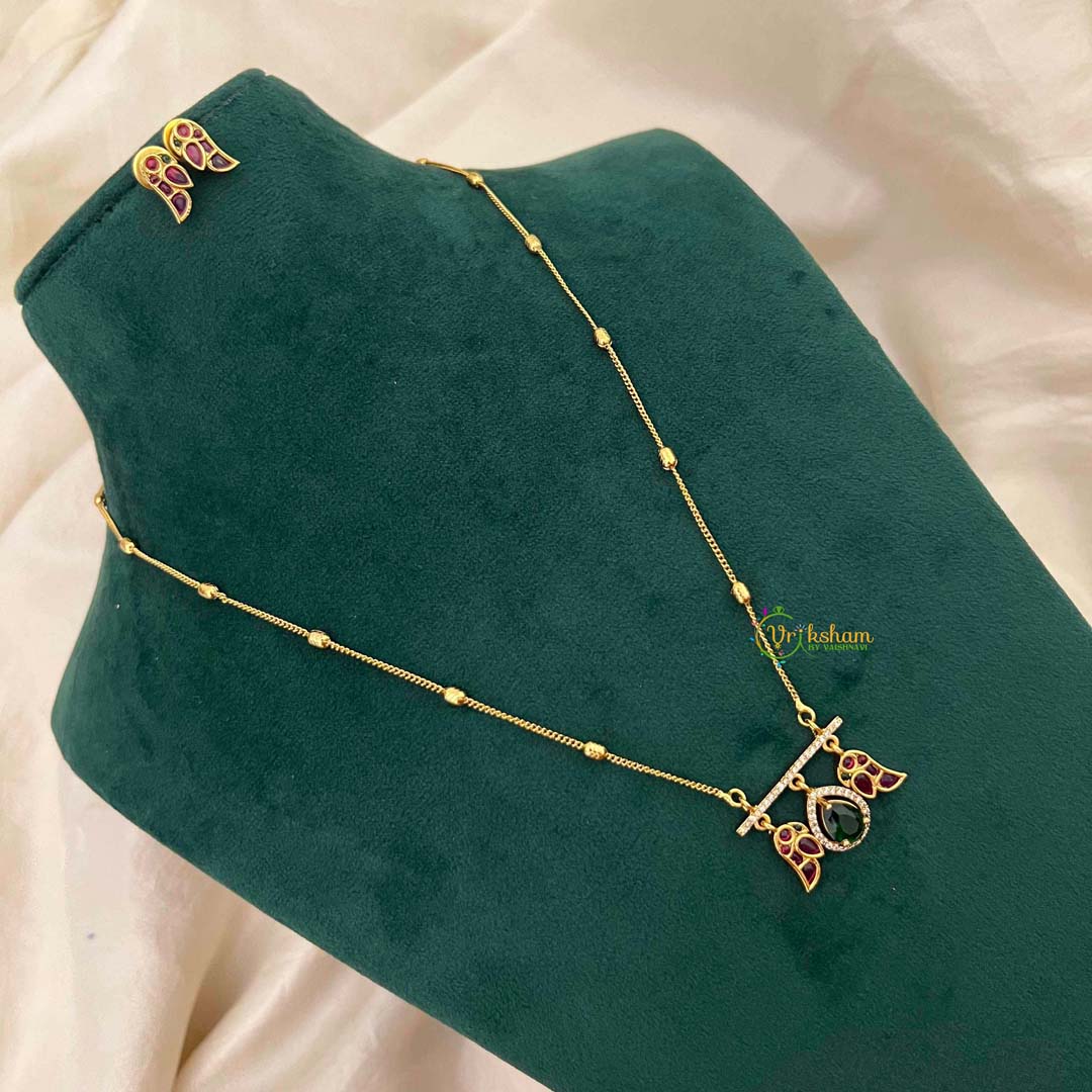 Vriksham Dainty Gold-Plated Bead Chain Ethnic Peacock With Teardrop Neckpiece-Red Green-G22322