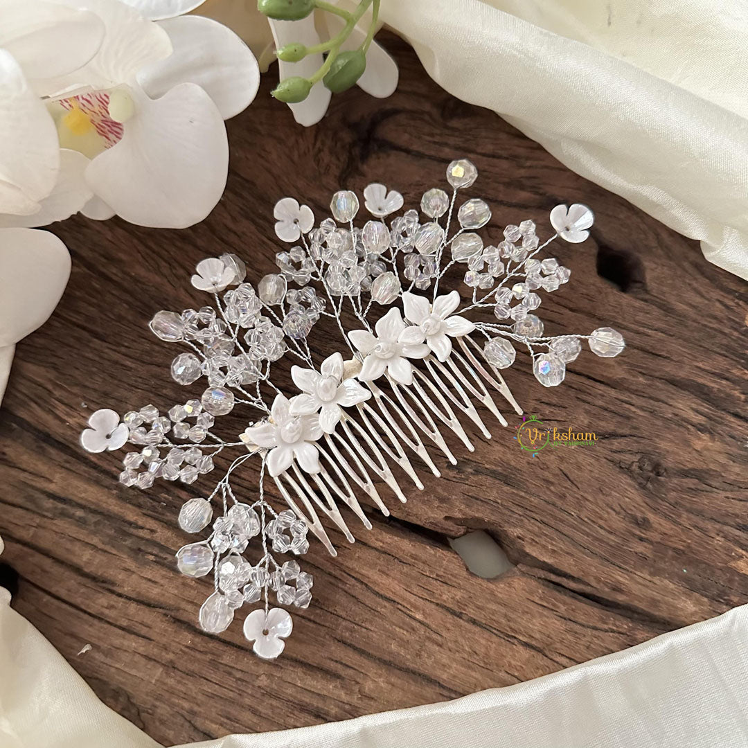 Crystal Bead Comb Hair Pin with Flower-Hair Accessories-H818