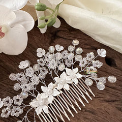 Crystal Bead Comb Hair Pin with Flower-Hair Accessories-H818