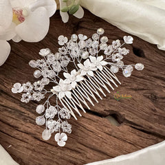 Crystal Bead Comb Hair Pin with Flower-Hair Accessories-H818